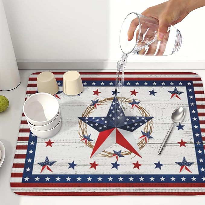 4th of July Patriotic Dish Drying Mat for Kitchen Counter Vintage Red and Blue Star Microfiber Dish Drainer Mat Country Absorbent Washable Drying Pad Extra Large 18"x24"