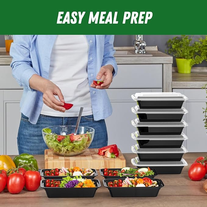 50 Pack (100-Piece) 32 oz Meal Prep Containers Reusable with Easy Open Lids, Sturdy Leakproof Food Safe, Microwave Freezer Dishwasher Safe, To Go Take Out Plastic Food Storage Pans with Lids, Black - Image 6