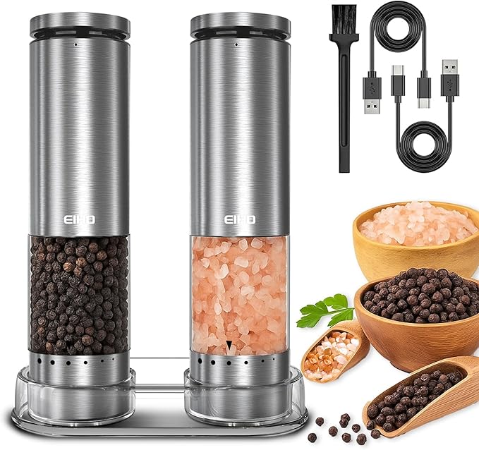 Electric Salt and Pepper Grinder Set Rechargeable, Automatic Salt and Pepper Shakers Mills External Adjustable Coarseness, Kitchen Gadgets, Stocking Stuffers Christmas Cooking Gifts for Men Women by EIHO