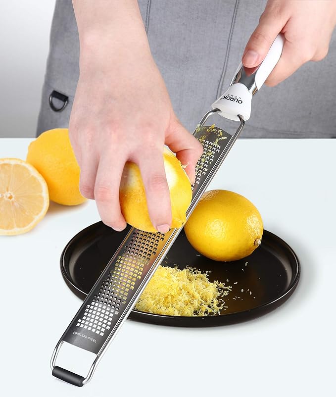 Ourokhome Kitchen Lemon Zester, Stainless Steel Hand Held Parmesan Cheese Grater for Ginger, Chocolate, Coconut, Lime, Nutmeg, Citrus, Fruit, Vegetable with Cleaning Brush, Dishwasher safe, White - Image 6