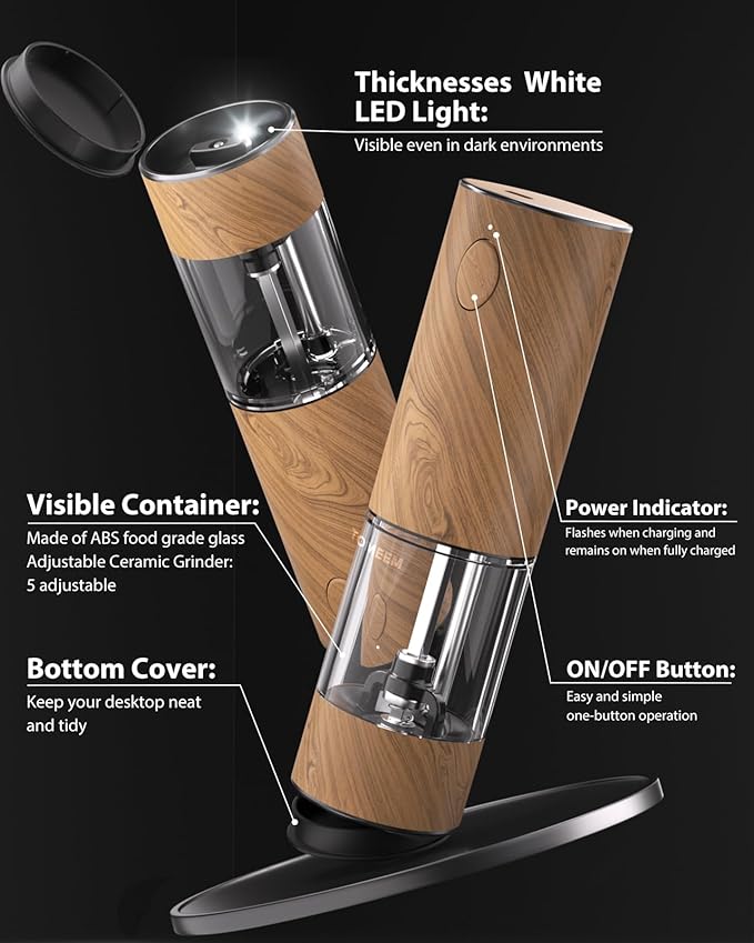 TOMEEM Upgraded Larger Capacity Electric Salt and Pepper Grinder Set Rechargeable with LED lights, Stainless Steel Automatic Pepper and Salt Grinder Refillable with 5 Adjustable Coarseness Wood Grain - Image 7