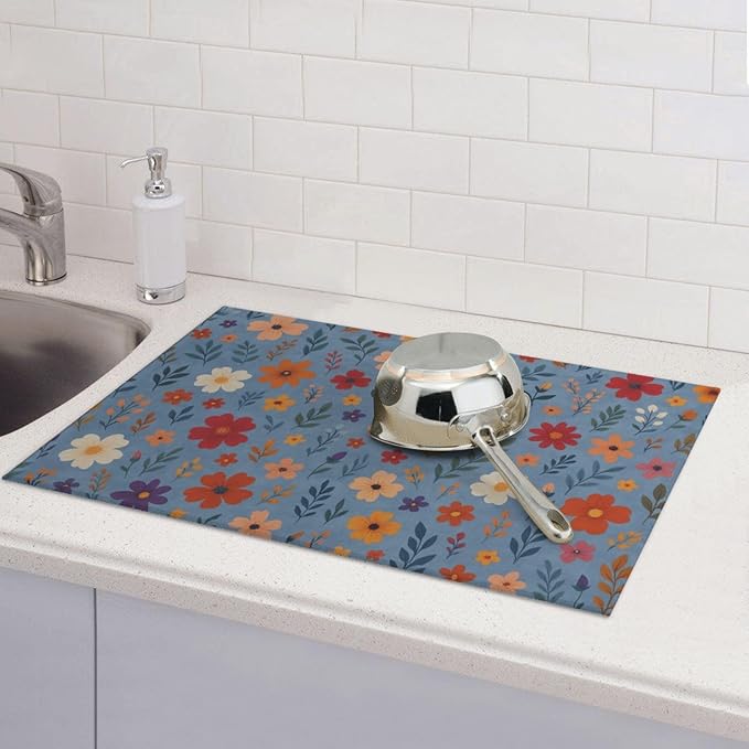 Blue Wildflowers Dish Drying Mats for Kitchen Counter, Large 18"x24" Dish Mats for Drying Dishes, Microfiber Absorbent Dish Drying Pad Rack Mat Kitchen Decor Reusable Washable