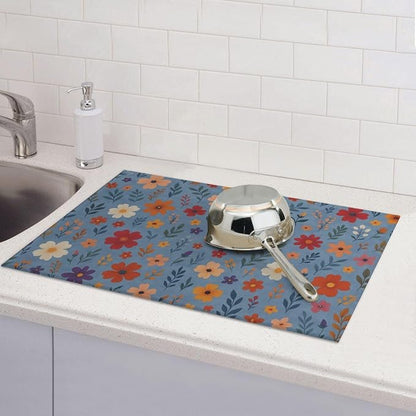 Blue Wildflowers Dish Drying Mats for Kitchen Counter, Large 18"x24" Dish Mats for Drying Dishes, Microfiber Absorbent Dish Drying Pad Rack Mat Kitchen Decor Reusable Washable