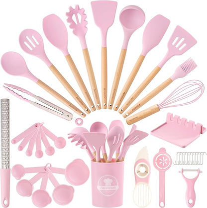 Astercook Kitchen Utensils set, 39 PCS Silicone Cooking Utensils Set with Wooden Handle, 446°F Heat Resistant Food Grade Utensil Sets, BPA Free Kitchen Gadgets Tools Set for Mothers Day Gifts by Astercook