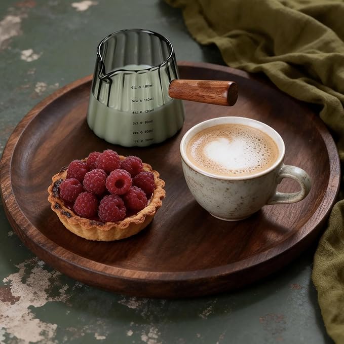 6 Oz Grey Glass Measuring Cups With Spout, Espresso Glass Cups With Wood Handle, Milk Frothing Cup Espresso Cup For Coffee Milk Tea Or Maple Syrup Serving