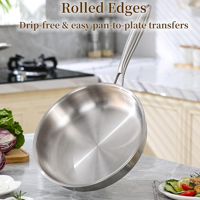 DELARLO Tri-Ply Stainless Steel Pan, 18/10 Frying Pan, Oven Safe Up to 600°F, Nontoxic Cookware, Compatible with All Cooktops Skillet, Durable, Fast Even Heat Fry Pan,9" Pan with Lid - Image 5