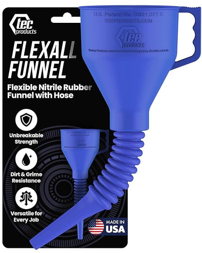 TEC Products FlexAll Long Flexible Funnels - Automotive Oil Funnel with Hose, Durable Nitrile Rubber for Oil Change, Transmission Funnel Fluid, Diesel, Fuel, Gas - Made in USA - Blue (16 x 5 Inches) by TECProducts