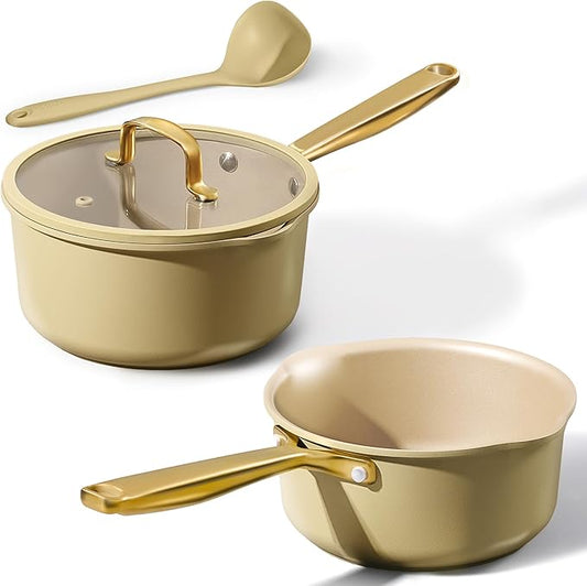 CAROTE 2Qt & 3Qt Nonstick Sauce Pan Set, Saucepan with Durable Cast Steel Handle, Oven-Safe, PFOS PFOA Free, Compatible with Gas/Electric/Induction Stovetops, Dishwasher Safe, Aluminum by CAROTE