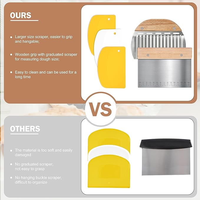 5 Pcs Bench Scraper, Bench Scraper Kitchen 2 Pcs Stainless Steel Dough Scraper with Wood Handle and 3 Pcs PP Food Scraper with Hanging Hole, Multipurpose Bread Dough Cutter for Baking-Yellow - Image 5