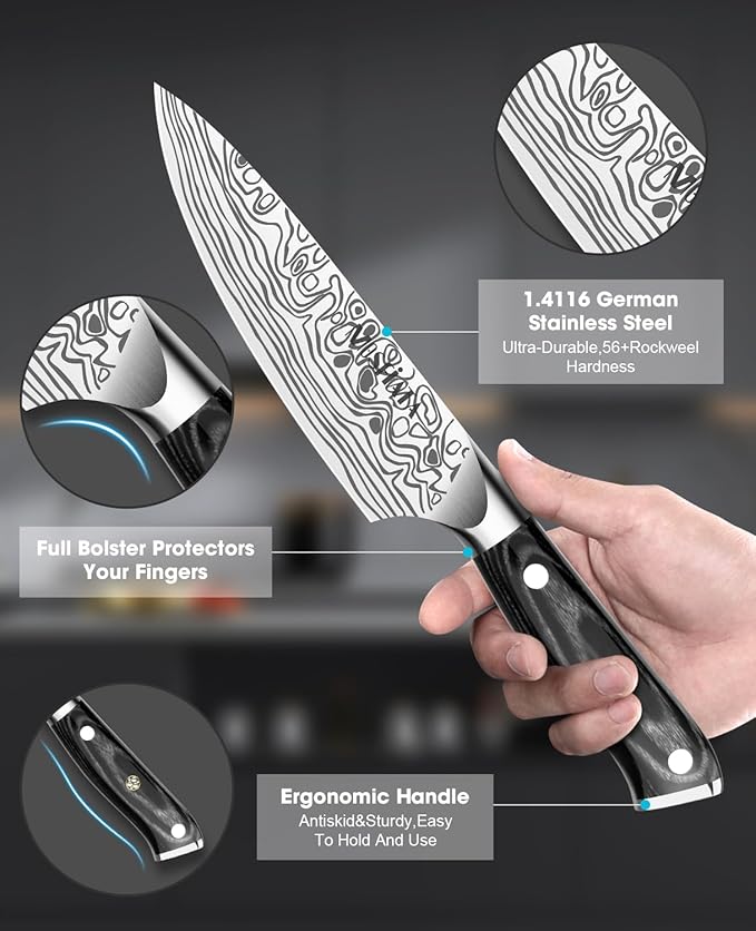 MOSFiATA 2Pcs Chef Knife Set, Sharp Kitchen Knife High Carbon German EN1.4116 Stainless Steel Cooking Knife, 9"&6" Chopping Knife Kitchen Knives Set with Ergonomic Handle, Gift Box - Image 3