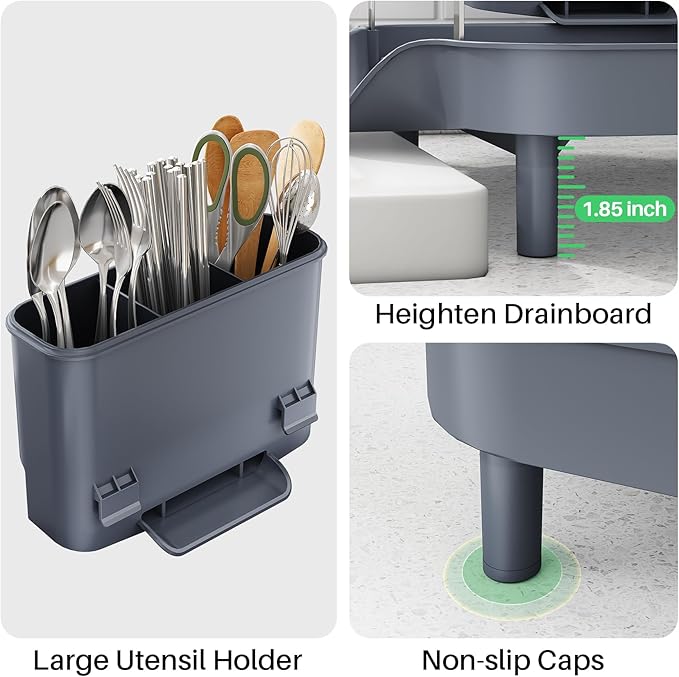 SAYZH Dish Drying Rack - Expandable Dish Rack for Kitchen Counter, Rust-Resistant Dish Drainer with Utensil Holder and Raised Guardrail, Kitchen Organizer for Cup and Bottle (Grey) - Image 8