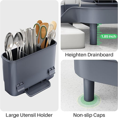 SAYZH Dish Drying Rack - Expandable Dish Rack for Kitchen Counter, Rust-Resistant Dish Drainer with Utensil Holder and Raised Guardrail, Kitchen Organizer for Cup and Bottle (Grey) - Image 8