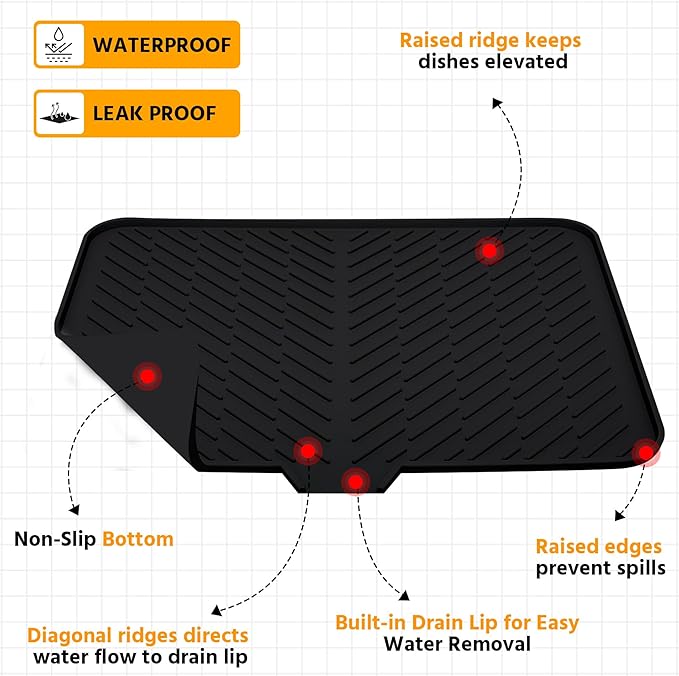 Luxet Silicone Dish Drying Mat with Built-in Drain Lip - Hygienic Drying Pad - Sturdy Compact Easy to Clean Tray Protects Surfaces Prevents Water Build Up - 23 X 17 (Black) - Image 3
