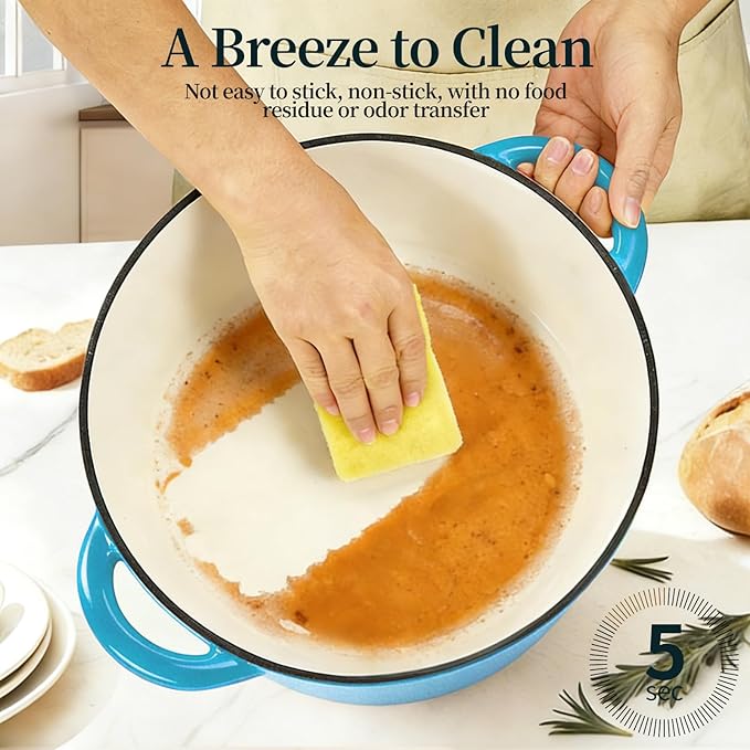 Enameled Cast Iron Dutch Oven with Lid -6.5 QT, incl. Sourdough Bread-Baking Supplies like Banneton Proofing Basket, Heavy Duty Cookware Bread-Oven for Baking, Stews, and Roasting, Sea Blue - Image 6