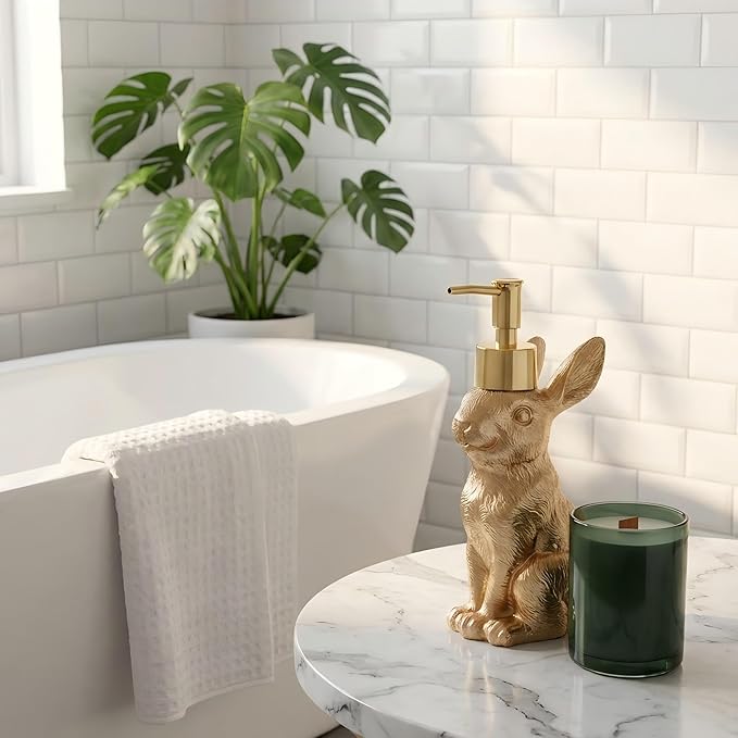Gold Bunny Soap Dispenser Set of 2 – Vintage Rabbit Hand & Dish Soap Dispensers for Kitchen Sink & Bathroom Vanity – Rust Proof Pump Lotion Bottles – Resin Animal Statues Home Decor, 8oz