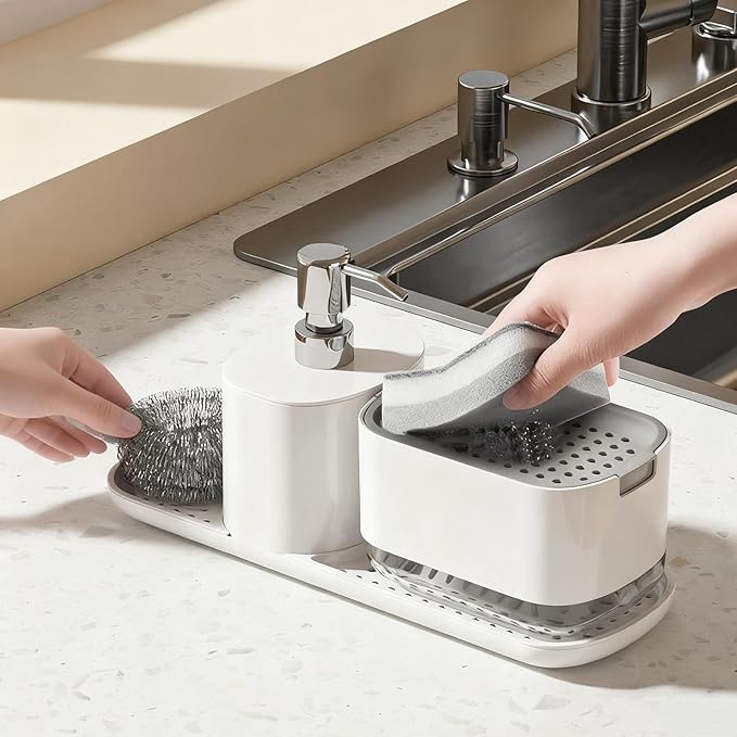 Kitchen Soap Dispenser Set with Tray, 4-in-1 Dual Hand and Dish Soap Dispenser with Sponge Holder for Kitchen Sink, Practical Kitchen Gadgets (White)