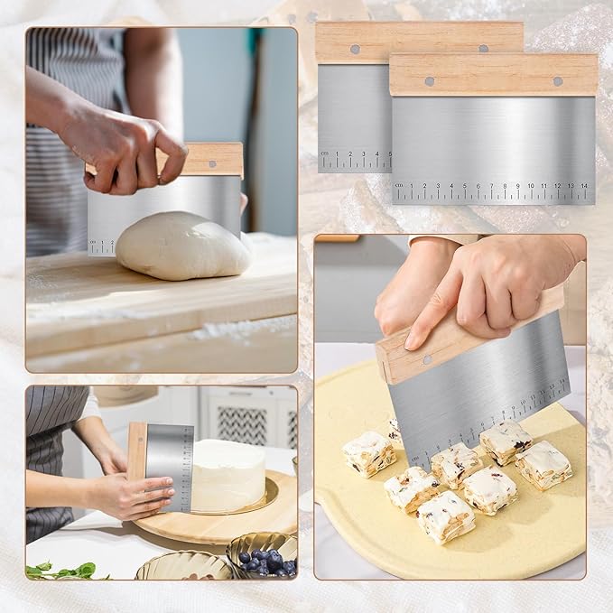 5 Pcs Bench Scraper, Bench Scraper Kitchen 2 Pcs Stainless Steel Dough Scraper with Wood Handle and 3 Pcs PP Food Scraper with Hanging Hole, Multipurpose Bread Dough Cutter for Baking-Green - Image 7