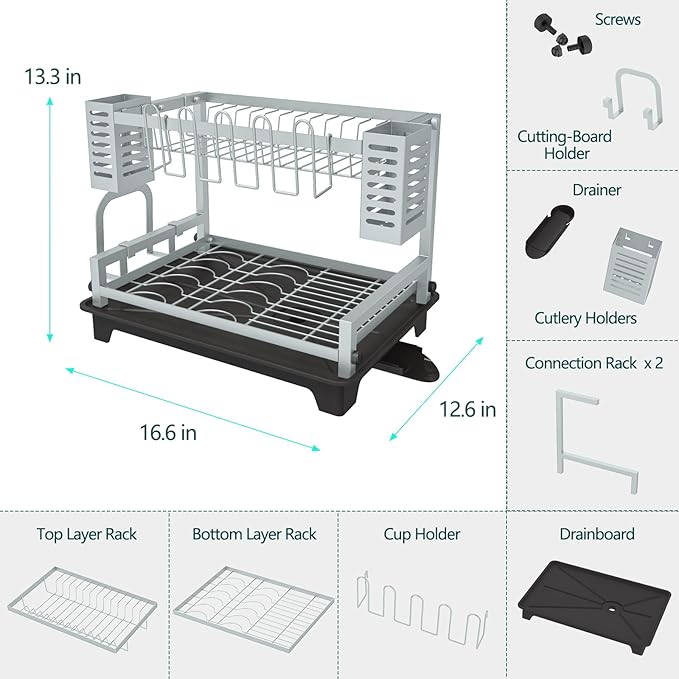 B-Land Dish Drying Rack, 2 Tier Dish Racks for Kitchen Counter, Large Dish Drying Rack with Drainboard & Utensil Holders, Rust-Proof Dish Drainers,Kitchen Organization - Image 4