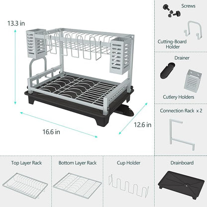 B-Land Dish Drying Rack, 2 Tier Dish Racks for Kitchen Counter, Large Dish Drying Rack with Drainboard & Utensil Holders, Rust-Proof Dish Drainers,Kitchen Organization - Image 4