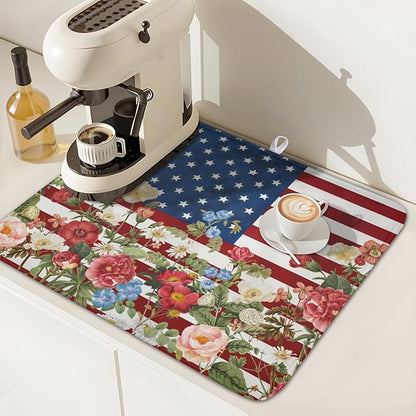 4th of July Dish Drying Mat 18x16 Inch, Patriotic Drying Mat with Absorbent Reversible Microfiber, Independence Day Dish Drainer Mats Memorial Day Rack Pad for Coffee Countertop Kitchen Protector