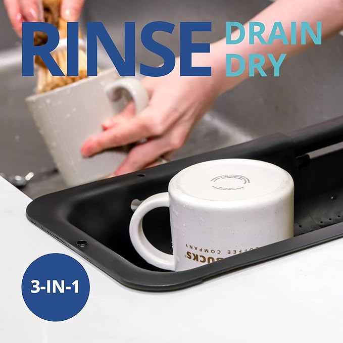 BLUE GINKGO Over the Sink Colander Strainer Basket - Wash Vegetables and Fruits, Drain Cooked Pasta and Dry Dishes - Extendable - New Home Kitchen Essentials (Black, 1 Pack) - Image 2
