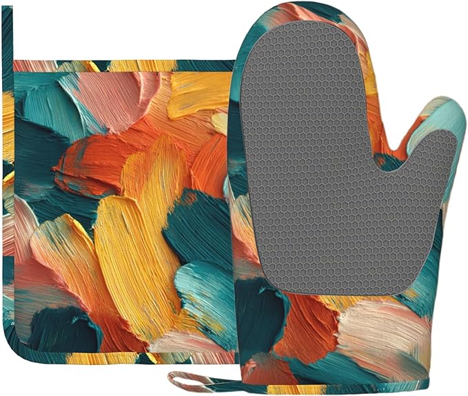 Abstract Oil Painting Heat-Resistant Oven Mitts and Pot Holder Kitchen Non-Slip Silicone Cooking Microwave Gloves for Cooking Baking Grilling BBQ