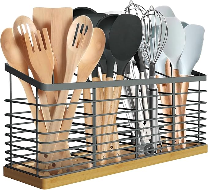Suli Extra Large Kitchen Utensil Holder with 4 Compartments，Metal holder with Wooden Base for Kitchen Countertop，Farmhouse Cooking Utensil Storage, Rustic Cooking Utensil,Grey by Suli