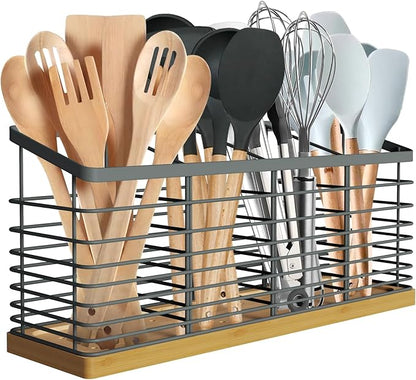 Suli Extra Large Kitchen Utensil Holder with 4 Compartments，Metal holder with Wooden Base for Kitchen Countertop，Farmhouse Cooking Utensil Storage, Rustic Cooking Utensil,Grey by Suli