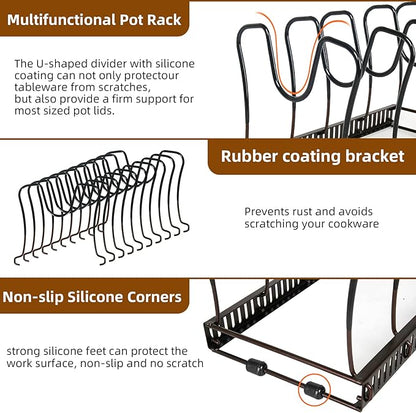 ROOHUA Pot Rack Organizer -Expandable Pot and Pan Organizer for Cabinet,Pot Lid Organizer Holder with 10 Adjustable Compartment for Kitchen Cabinet Cookware Baking Frying Rack Grey - Image 4