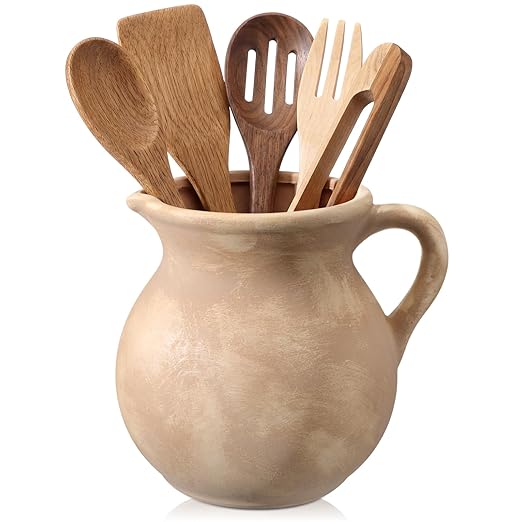 Potchen Rustic Kitchen Utensil Holder with Handle,7.48" H Ceramic Vintage Utensil Crock for Countertop, Farmhouse Kitchen Decoration Ceramic Pot for Spatulas Spoons Tongs(Classic,Antique Beige) by Potchen