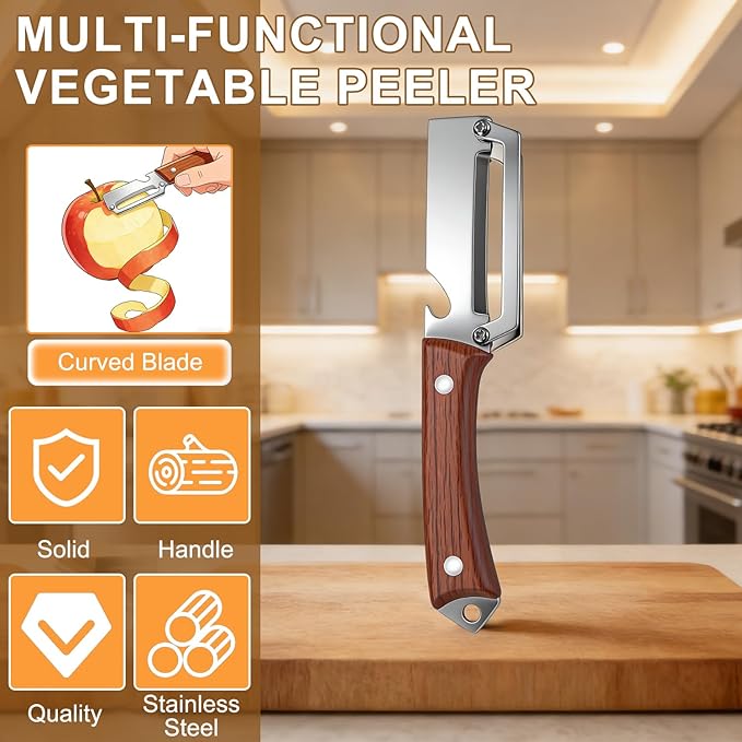 2Pcs Premium Vegetable Peeler with Wooden Handle and Bottle Opener,Multifunctional 3-in-1 Stainless Steel Kitchen Tool for various fruits and vegetables that require peeling（Black + Brown） - Image 2