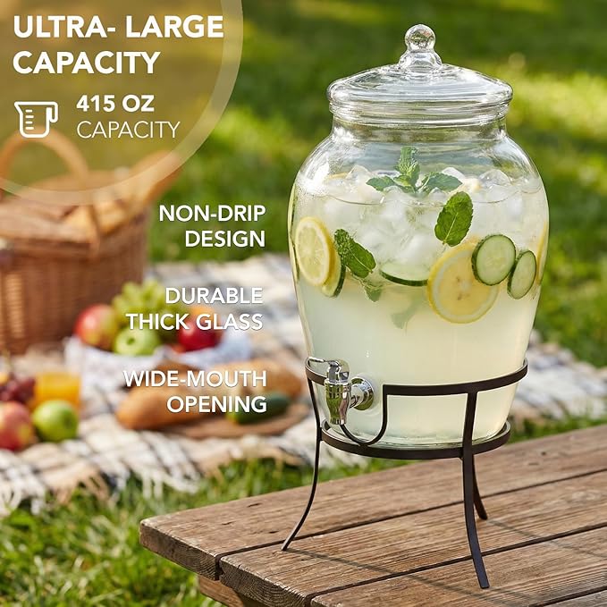 Style Setter Beverage Dispenser Cold Drink Dispenser Glass Jug, Metal Stand & Leak-Proof Acrylic Spigot Great for Parties, Weddings & More (With Metal Rack) - Image 5