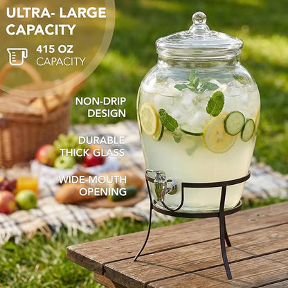 Style Setter Beverage Dispenser Cold Drink Dispenser Glass Jug, Metal Stand & Leak-Proof Acrylic Spigot Great for Parties, Weddings & More (With Metal Rack) - Image 5