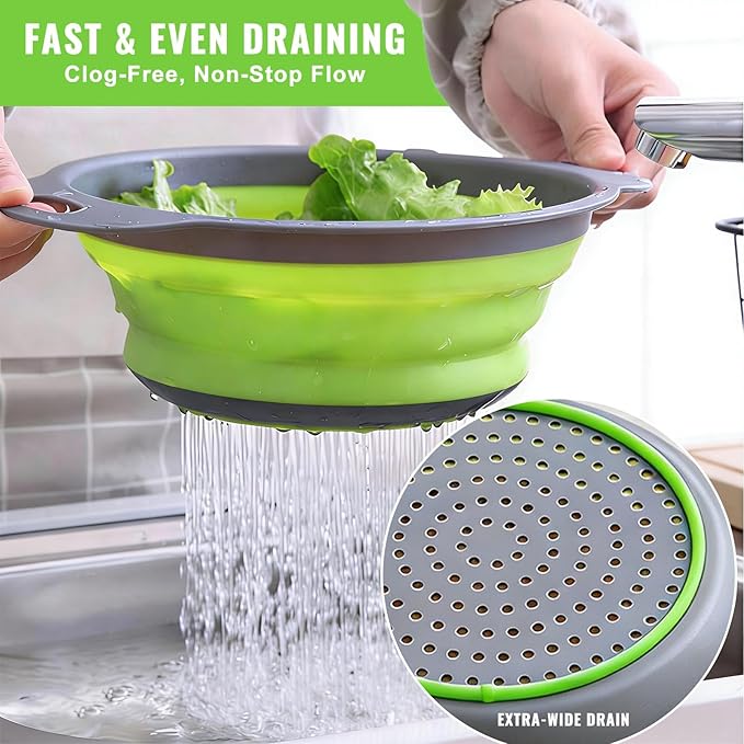 2 Pack Collapsible Silicone Colander with Handle, Over Sink Foldable Food Strainer, BPA-Free Space Saving Drain Basket for Vegetables, Fruits, Pasta, Kitchen & Camping (Green) - Image 2