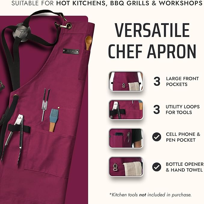 Asaya Chef and BBQ Apron with Bottle Opener and Hand Towel - 10oz Cotton Canvas, Stainless Steel Hardware - Cross Back Straps - Image 2