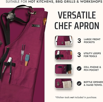 Asaya Chef and BBQ Apron with Bottle Opener and Hand Towel - 10oz Cotton Canvas, Stainless Steel Hardware - Cross Back Straps - Image 2