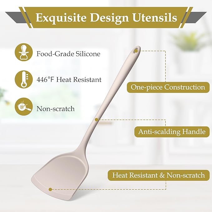 LIANYU 8Pcs Kitchen Utensils Set, Silicone Cooking Utensils Spatula Set for Nonstick Cookware, Include Silicone Spatula, Ladle, Turner, Spoon, Heat Resistant, Dishwasher Safe, Khaki White - Image 3
