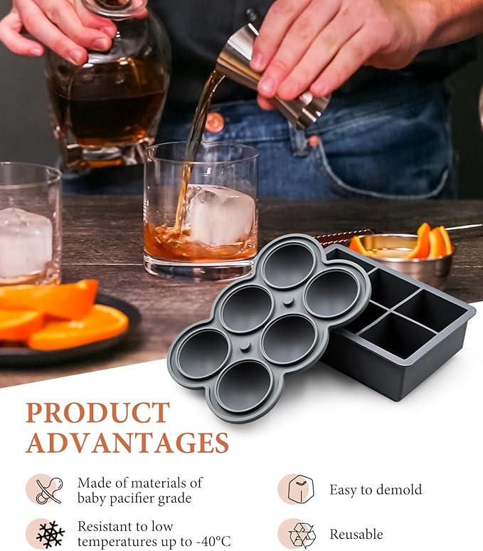 Silicone Large Ice Cube Molds (Set of 3), 6 Ice Ball Maker Mold, 6 Square Ice Cube Mold，4 Diamond, Reusable Whiskey Ice Mold, Ice Molds for Cocktails, Bpa Free, Freezer Ice Cube Tray (Grey)