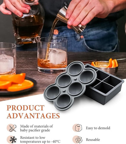 Silicone Large Ice Cube Molds (Set of 3), 6 Ice Ball Maker Mold, 6 Square Ice Cube Mold，4 Diamond, Reusable Whiskey Ice Mold, Ice Molds for Cocktails, Bpa Free, Freezer Ice Cube Tray (Grey)