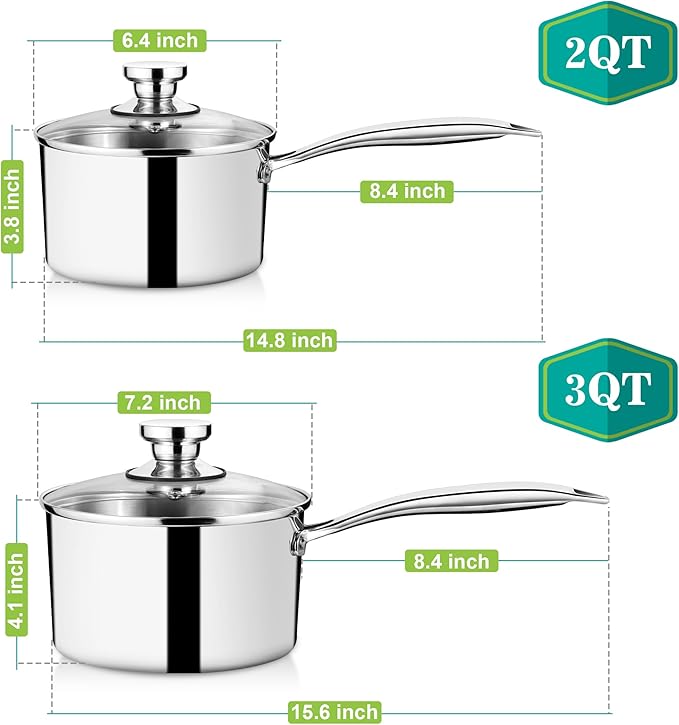 P&P CHEF 2 & 3 Quarts Tri-Ply Stockpot and Saucepan, Stainless Steel Sauce Pan with Lid, Cooking Induction Pot, Kitchen Cookware for All Stoves, Non-Toxic, Sturdy & Dishwasher Safe, 2 Pieces