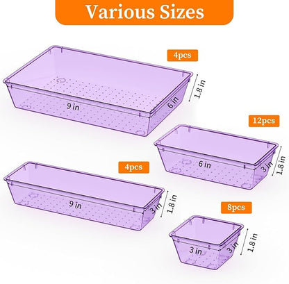 StorMiracle 32 PCS Clear Plastic Drawer Organizer Set, 4-Size vanity organizer Trays and Storage Bins for Makeup, Jewelry and Gadgets in Bedroom, Bathroom and Office, Clear Purple - Image 3