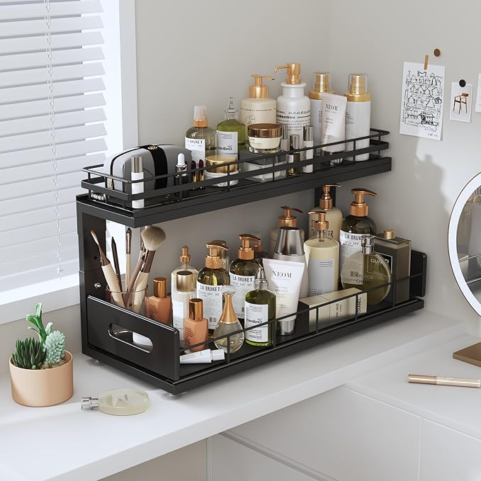 Under Sink Organizer Upgrade To Professional Rails,2-Tier Dual Pull Out Cabinet Storage,Height Adjustable Slide Out Drawers For Bathroom Kitchen,1 Pack-18.5"Dx12.8"-16.9"H,Black - Image 9