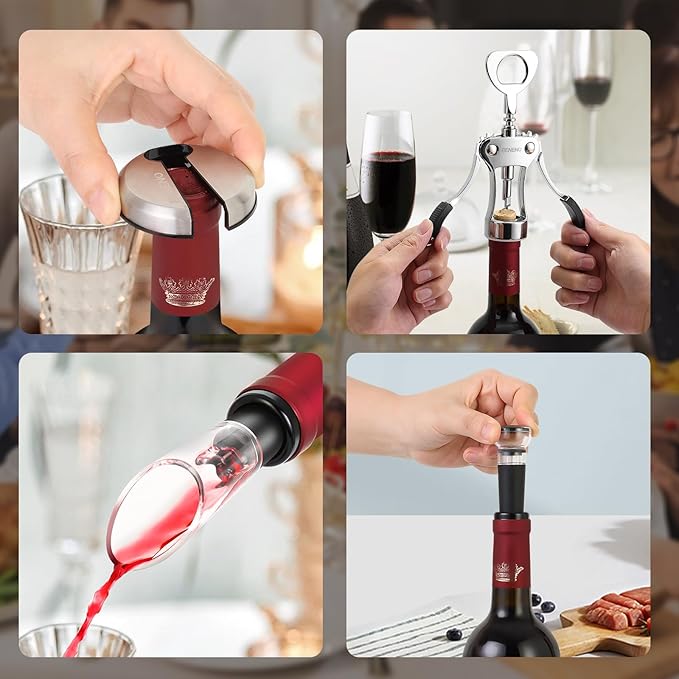 Beneno Multifunctional Wine Bottle Opener Gift Wing Corkscrew, Foil Cutter, Vacuum Stopper & Aerator Pourer, Perfect for Wine Lovers Man Woman, Ingot Silver - Image 4