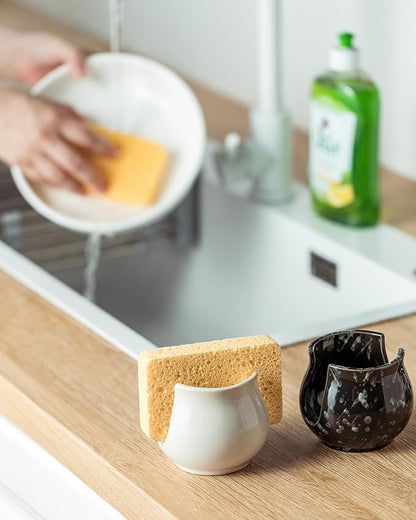 Zoeeker Kitchen Sponge Holder, Ceramic Dish Sponge Holder Kithen Sink Organizer Farmhouse Brush Holder Dish Rack for Bathroom, Kitchen, Sink, Black