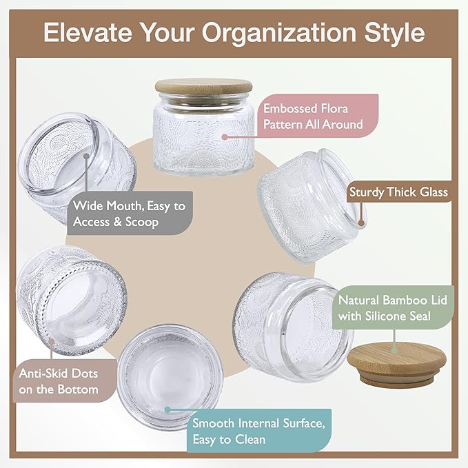 4 oz Mini Glass Jars with Airtight Bamboo Lids 12 pack, Decorative Small Food Storage Canister, Vintage Embossed Home Décor Candle Parties Wedding Baby Shower Favors Gift