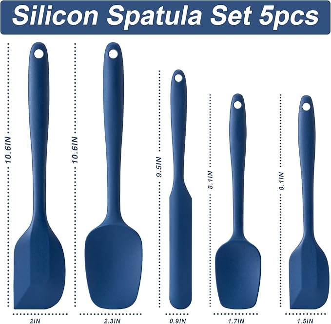 Silicone Spatula Set, 5 Piece Food Grade Rubber Spatulas for Baking, Cooking, and Mixing High Heat Resistant Non Stick Dishwasher Safe BPA-Free (Navy Blue) - Image 2