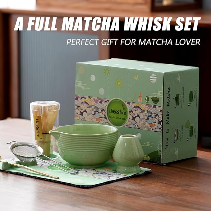 Clay&Fire Matcha Whisk Set, Ceramic Matcha Set, Matcha Bowl with Spout and Whisk, 9 pcs Matcha Tea Kit for Matcha Lovers, Ideal Gift Christmas, Birthday (Green) - Image 9