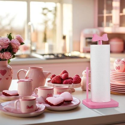 Leinuosen Pink Bow Paper Towel Holder Coquettish Cute Bow Wooden Paper Towel Holder Pink Bathroom Countertop Accessories Kitchen Roll Stand Organizer Standing Apartment Decor Housewarming Gift
