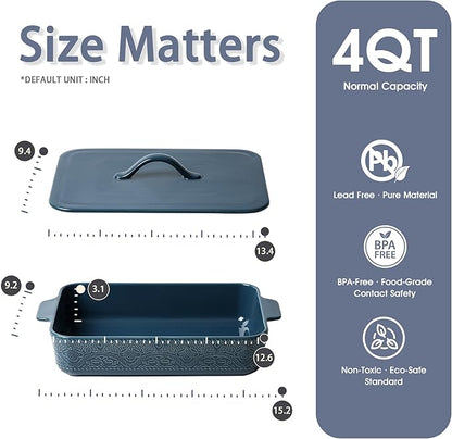 Casserole Dish with Lid, Ceramic 9x13 Casserole Dish for Oven, Rectangular Bakeware, Large Baking Dish with Handles for Holiday Cooking, Roasting, Baking, Oven & Microwave Safe (Blue) - Image 2