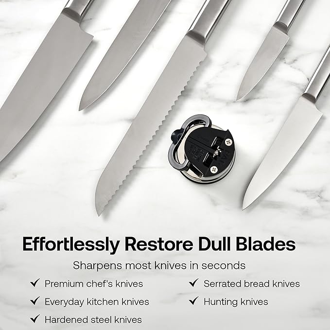 AnySharp – GLOBAL – Hands Free Knife Sharpener - Easy to Use Sharpening Tool with PowerGrip Suction Base and 20-Degree Pre-set Angle - For All Knives: Chef’s, Serrated, and Hardened Steel - Silver - Image 7